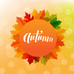 Autumn Postard With Bright Leaves And Text With Gradient Background, Vector Illustration