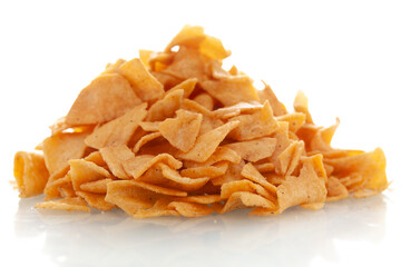 Close-up of Soya Chips crunchy and salty Indian Namkeen, Indian spicy snacks (Namkeen), in a pile or heap, isolated over white background