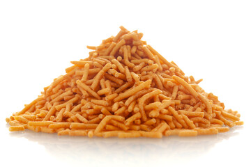 Close-up of Nimbu masala besan sev Indian namkeen (snacks),  Indian spicy snacks (Namkeen), in a pile or heap, isolated over white background