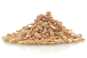 Close-up of Salted Peanuts Indian namkeen (snacks),  Indian spicy snacks (Namkeen), in a pile or heap, isolated over white background