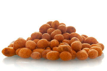 Close-up of Crunchy Peanut , made with besan coated peanuts. (snacks), Indian spicy snacks (Namkeen), in a pile or heap, isolated over white background