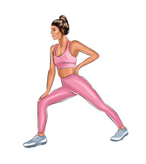 Fitness woman doing stretching exercises from multicolored paints. Splash of watercolor, colored drawing, realistic. Vector illustration of paints