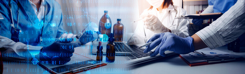 Fototapeta premium Futuristic innovative corona covid-19 virus doctor wear mask virtual digital ai infographic data tech. Coronavirus 2019-nCov treatment analysis screen in hospital laboratory against epidemic virus