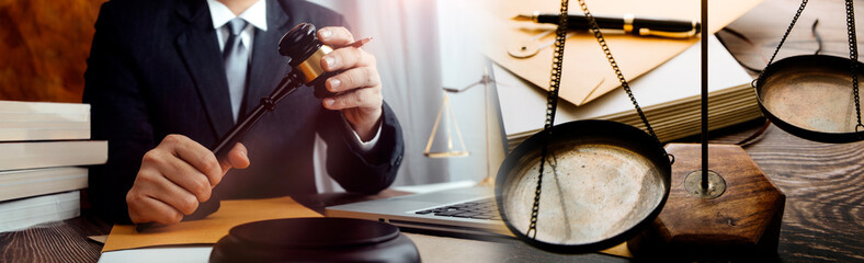 Law theme, mallet of the judge, law enforcement officers, evidence-based cases and documents taken into account.