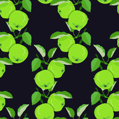 Green apple seamless pattern on black art design stock vector illustration for web, for print, for fabric print