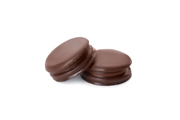 Delicious choco pies on white background. Classic snack cakes