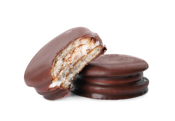 Delicious choco pies on white background. Classic snack cakes
