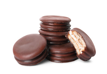 Delicious choco pies on white background. Classic snack cakes