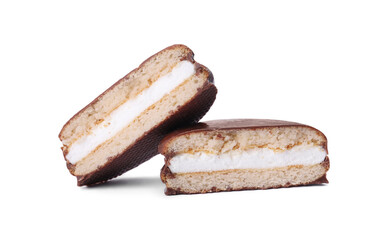 Halves of delicious choco pie isolated on white
