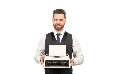 man showing vintage typewriter isolated on white background, bookman