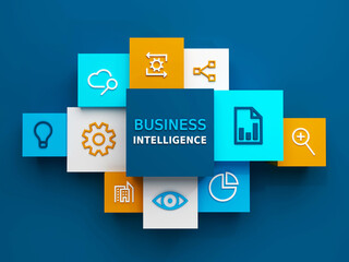 Top view of 3D render of BUSINESS INTELLIGENCE concept illustration with symbols on colorful cubes on dark blue background