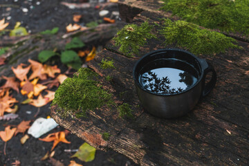 A mug of tea on a wooden table made of old boards covered with green moss. A metal mug against a background of blurred yellow autumn foliage lying on the ground with foliage reflected in it.