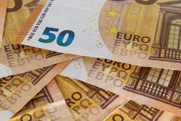 50 euro banknotes close up. Euro money background. Soft focus