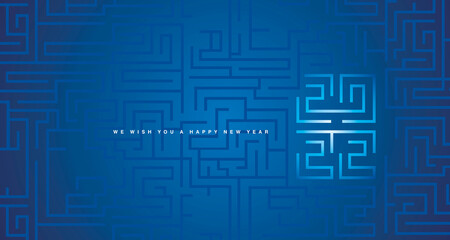 Happy New Year 2022 white blue gradient cyberspace high tech typography greek mystic meander ornament labyrinth abstract pattern blue background