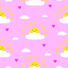 Seamless vector pattern with sunnies, clouds and hearts
