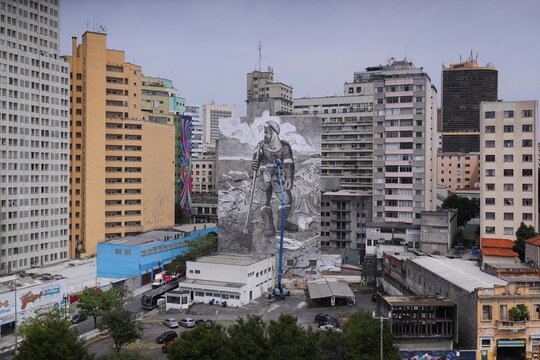 Brazilian artist and activist Mundano works on the mural 'The Forest Brigade,' in Sao Paulo