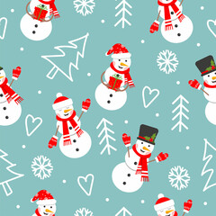 Seamless pattern with happy snowman, tree, snowflake. Symbol of the Christmas holidays, flat vector illustration