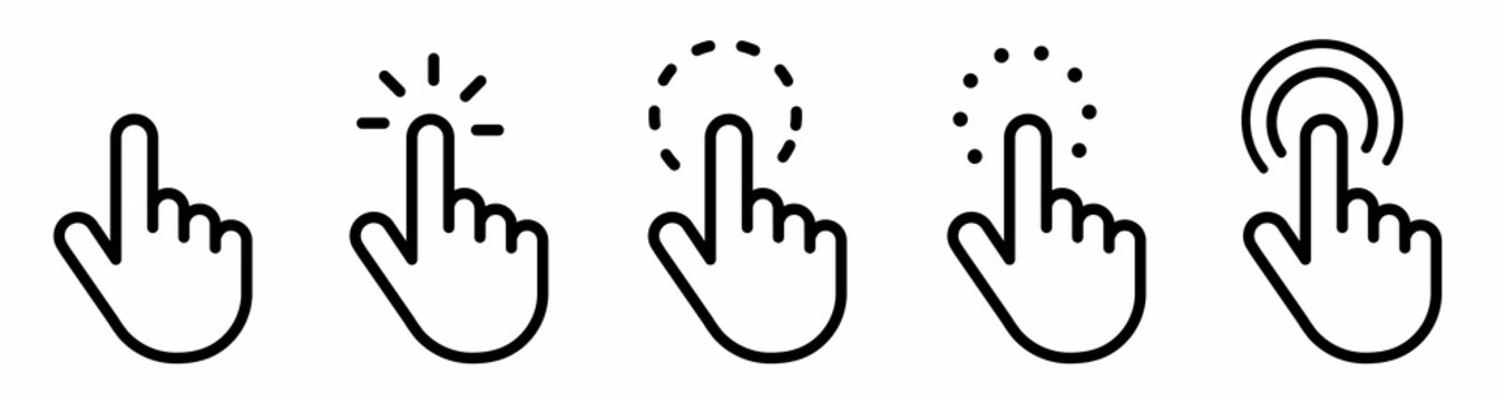 Computer mouse click cursor gray arrow icons set. Clicking cursor, pointing hand clicks and waiting loading icons.Hand icon design. Pointer click icon. loading icon.Vector illustration.