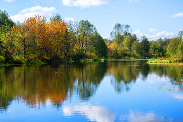 Fototapeta na wymiar Beautiful bright autumn landscape on the lake