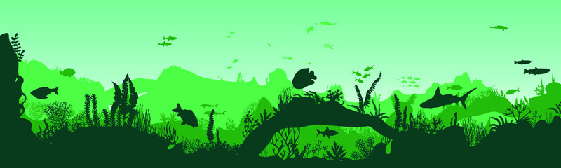 Silhouette of fish and algae on the background of the reefs. Panoramic wallpaper with the underwater world. Underwater landscape. vector