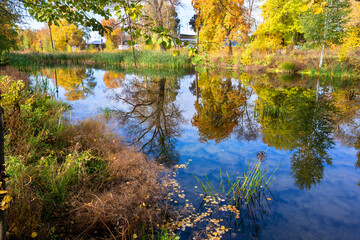 Clear water with lake reflection in autumn