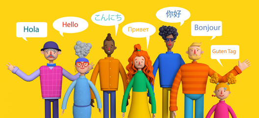 Group of native speakers say - Hello in different languages.  Diverse cultures, international communication concept, club of foreign languages, language learning camp, Trendy 3d illustration. © Anna