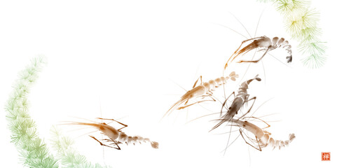Ink painting of shrimps in green seaweed. Traditional oriental ink painting sumi-e, u-sin, go-hua. Translation of hieroglyph - zen