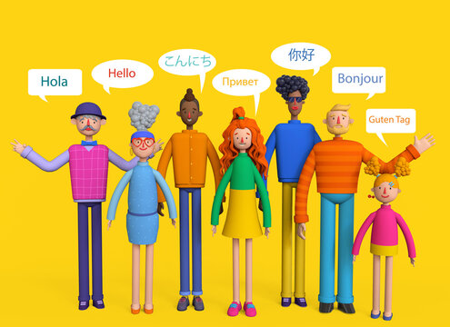 Group of native speakers say - Hello in different languages. Diverse cultures, international communication concept, club of foreign languages, language learning camp, Trendy 3d illustration.