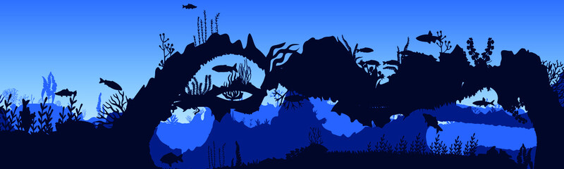 Silhouette of fish and algae on the background of the reefs. Panoramic wallpaper with the underwater world. Underwater landscape. vector