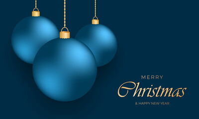 Fototapeta na wymiar Blue festive christmas balls hanging on gold chains on a navy blue background. Christmas and happy new year background with golden lettering. Vector illustration