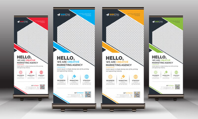 Colorful Stylish Creative Corporate Roll Up Banner Signage Standee Template for Advertising and Multipurpose Use with Four Color Variations
