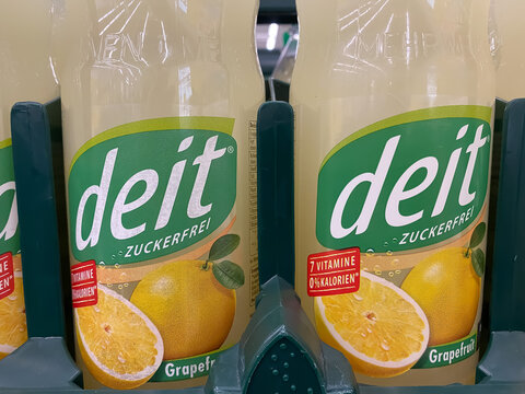 Viersen, Germany - October 9. 2021: Closeup of crate deit lemonade in shelf of german supermarket