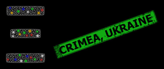 Obraz premium Glowing mesh network Xi Greek symbol with vibrant glowing spots, and grunge Crimea, Ukraine seal. Green seal has Crimea, Ukraine caption inside framed rectangle.