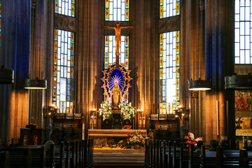 Fototapeta premium st. Antoine Catholic Church Istanbul Turkey: It is the largest and most congregational Catholic Church in Istanbul. flamboyant and historic catholic church. selective focus