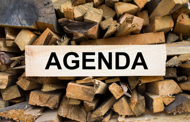 Wall firewood. Background of dry chopped firewood logs in a pile and plate with text Agenda