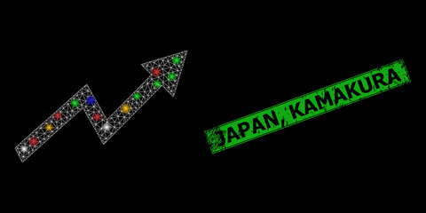 Glare mesh net up trend arrow with multi colored glowing spots, and grunge Japan, Kamakura seal stamp. Green seal contains Japan, Kamakura tag inside framed rectangle.
