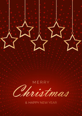 Festive red christmas background with golden stars hanging on chains. Christmas and happy new year background with golden lettering. Vector illustration