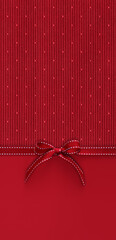 merry christmas gift card with red fabric ribbon bow isolated on red glittering background, top view and copy space template, layout for valentine day, best wishes or tagging shopping