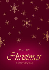 Fototapeta na wymiar Festive crimson christmas background with golden snowflakes. Christmas and happy new year background with golden lettering. Vector illustration
