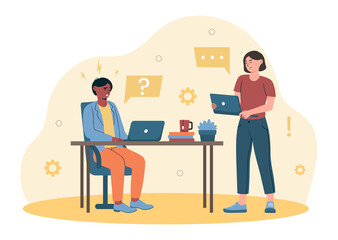 Concept of job dissatisfaction. Man and woman discussing project. Employees not happy with his life, problems, concern, unhappy. Cartoon flat vector illustration isolated on white background