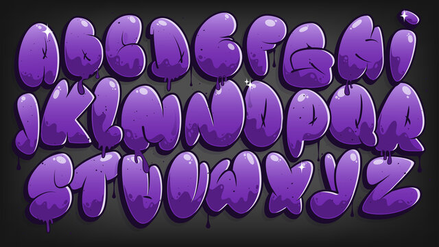 Graffiti alphabet. Bubble graffiti letters. Purple uppercase letters with drips, and spray effect. Graffiti font.