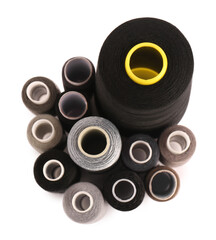 Set of sewing threads on white background, top view