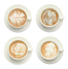 Set with cups of tasty aromatic coffee on white background, top view