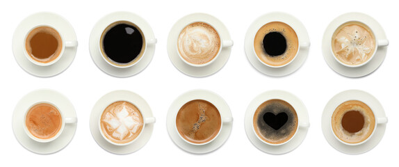 Set with cups of tasty aromatic coffee on white background, top view. Banner design