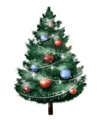 Christmas tree with sparkling balls, watercolor style illustration, holiday clipart