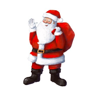 Santa Claus with gift bag, holiday illustration, watercolor style clipart with cartoon character