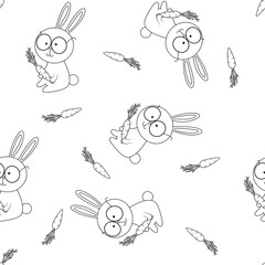 Seamless pattern with cute rabbit and carrot. Perfect for apparel, fabric, textile, wrapping paper,decoration, T-shirt, card, scrapbooking. Vector illustration.