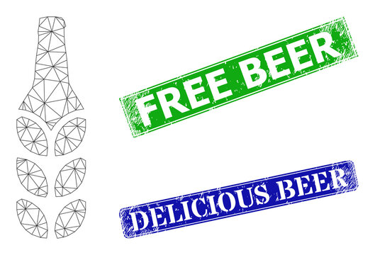 Net barley beer image, and Free Beer blue and green rectangle corroded seals. Mesh carcass image is created from barley beer pictogram. Seals include Free Beer text inside rectangle form.