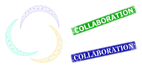 Triangular collaboration image, and Collaboration blue and green rectangular grunge stamps. Polygonal carcass image is based on collaboration icon.