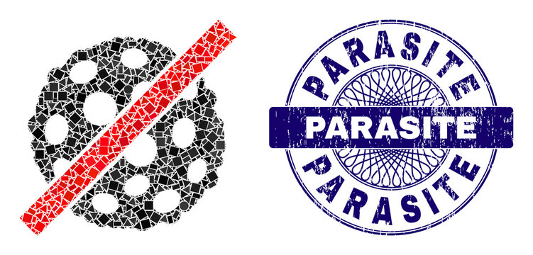 Geometric mosaic remove microbe spore, and Parasite grunge stamp. Violet stamp seal contains Parasite tag inside circle form. Vector remove microbe spore mosaic is constructed from scattered circle,